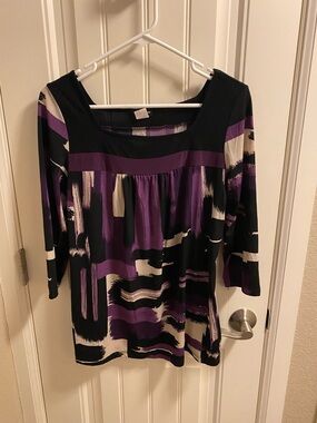 PerSeption Concept L Top Stretch Half Sleeve Blouse Purple Black White Shirt Lg